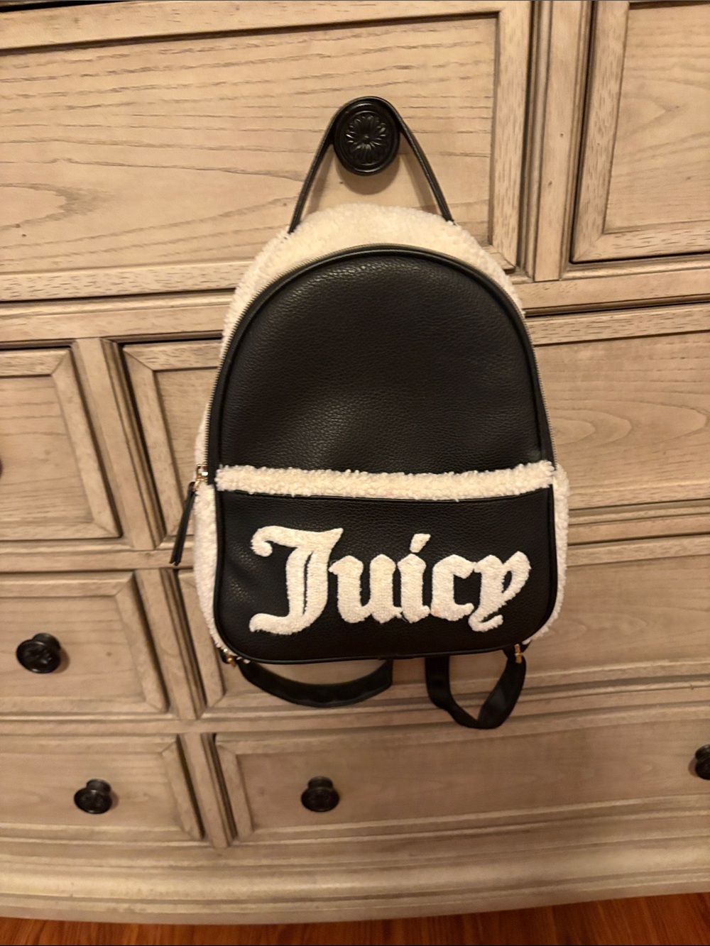 Juicy Couture Black Mini Backpack with White Sherpa Trim - Picture 1 of 2